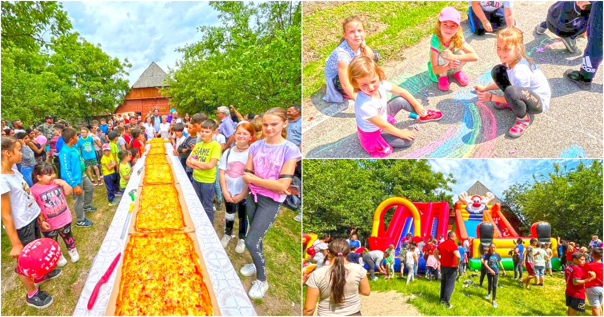 FOTO. Un preot din Satu Mare le-a făcut o surpriză nemaipomenită celor mici: Concursuri, spectacole și cea mai mare pizza