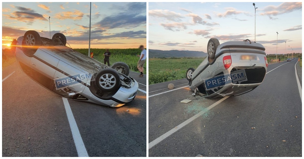 FOTO/VIDEO. Accident spectaculos în județul Satu Mare. Un șofer s-a răsturnat cu mașina pe drum