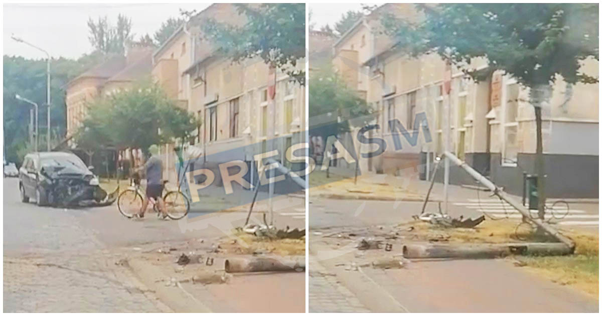 FOTO. Beată pulbere la volan, o șoferiță s-a oprit cu mașina în stâlp, la Carei. A scăpat cu o sentință ușoară