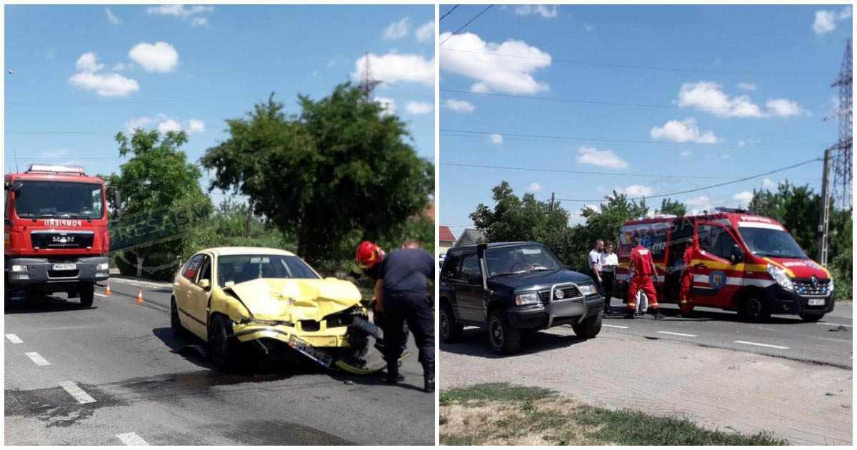 FOTO/VIDEO. Accident rutier pe B-dul Lucian Blaga, în Satu Mare. O mașină a luat foc