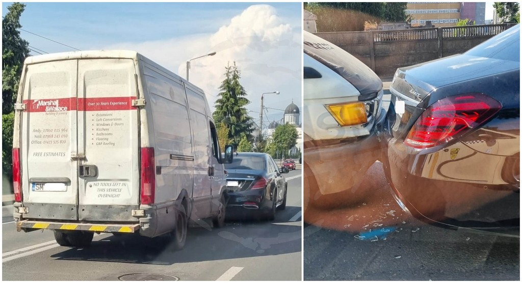 FOTO. Accident pe Drumul Botizului, în Satu Mare. Mercedes ”pupat” de o dubă