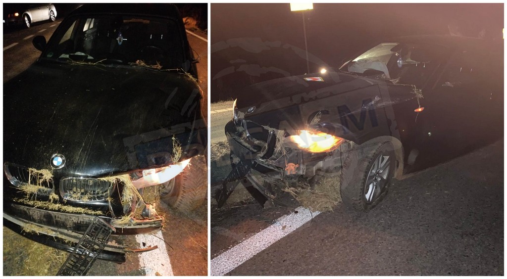 FOTO. Accident în județ. BMW lovit pe șosea de mai mulți baloți. La un pas de tragedie