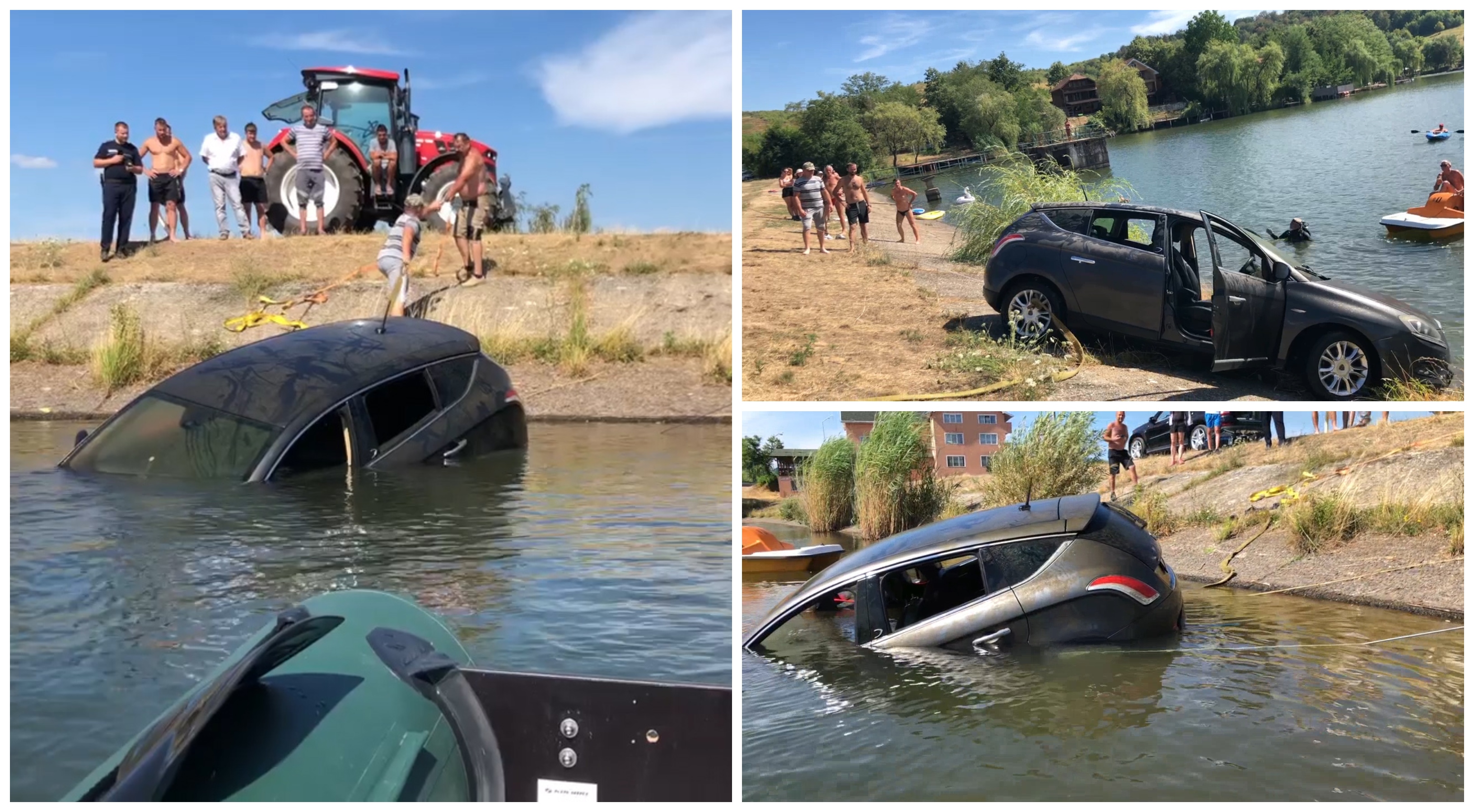 FOTO/VIDEO. Mașină scufundată în lacul Mujdeni! Intervenție inedită în județul Satu Mare