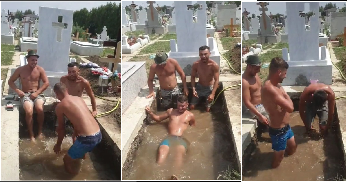VIDEO. Se întâmplă în România. Trei gropari și-au făcut piscină ... într-un mormânt