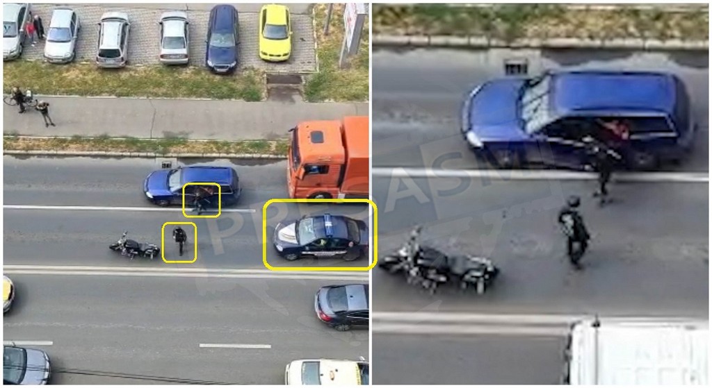 VIDEO. Scandal în trafic, între un motociclist și un șofer. Chiar în fața unui echipaj de Poliție Locală