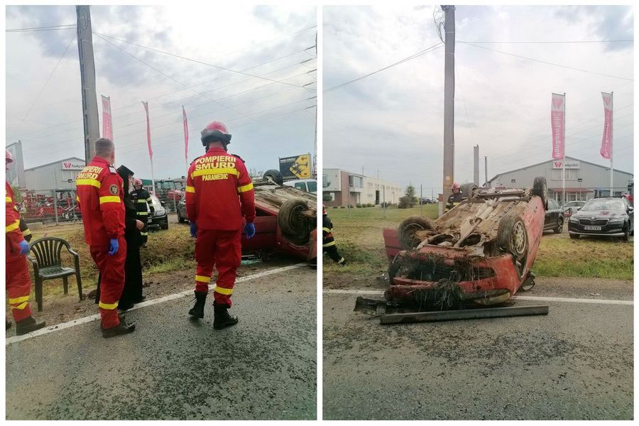 FOTOGALERIE. O călugăriță s-a răsturnat cu mașina pe DN19, Oradea - Satu Mare