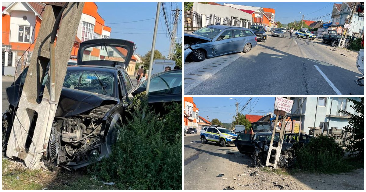 FOTO. Accident în Țara Oașului. Impact puternic între două automobile. O mașină proiectată în stâlp