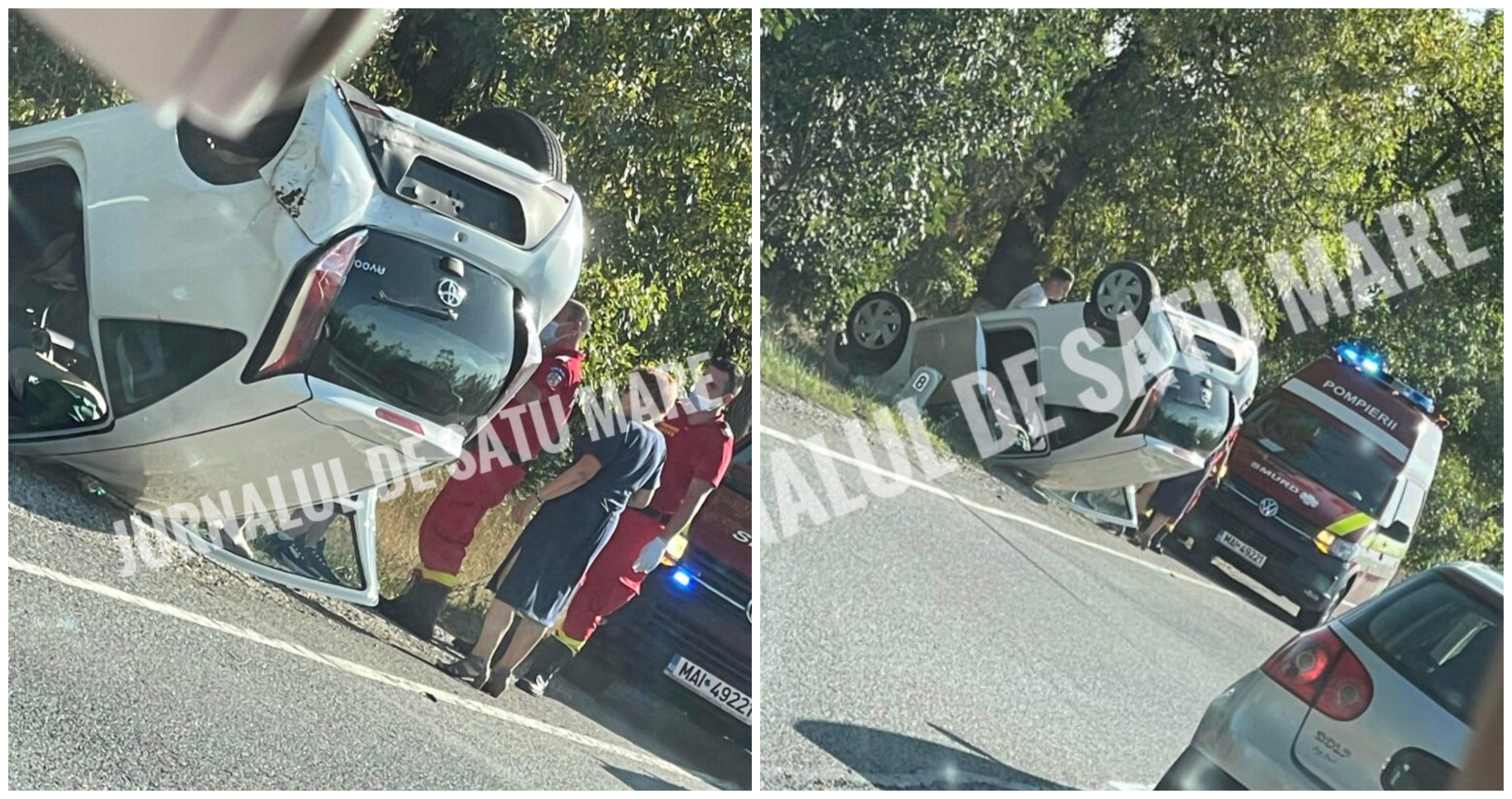 FOTO. Accident în județul Satu Mare. Mașină răsturnată pe DN19, mobilizare de forțe