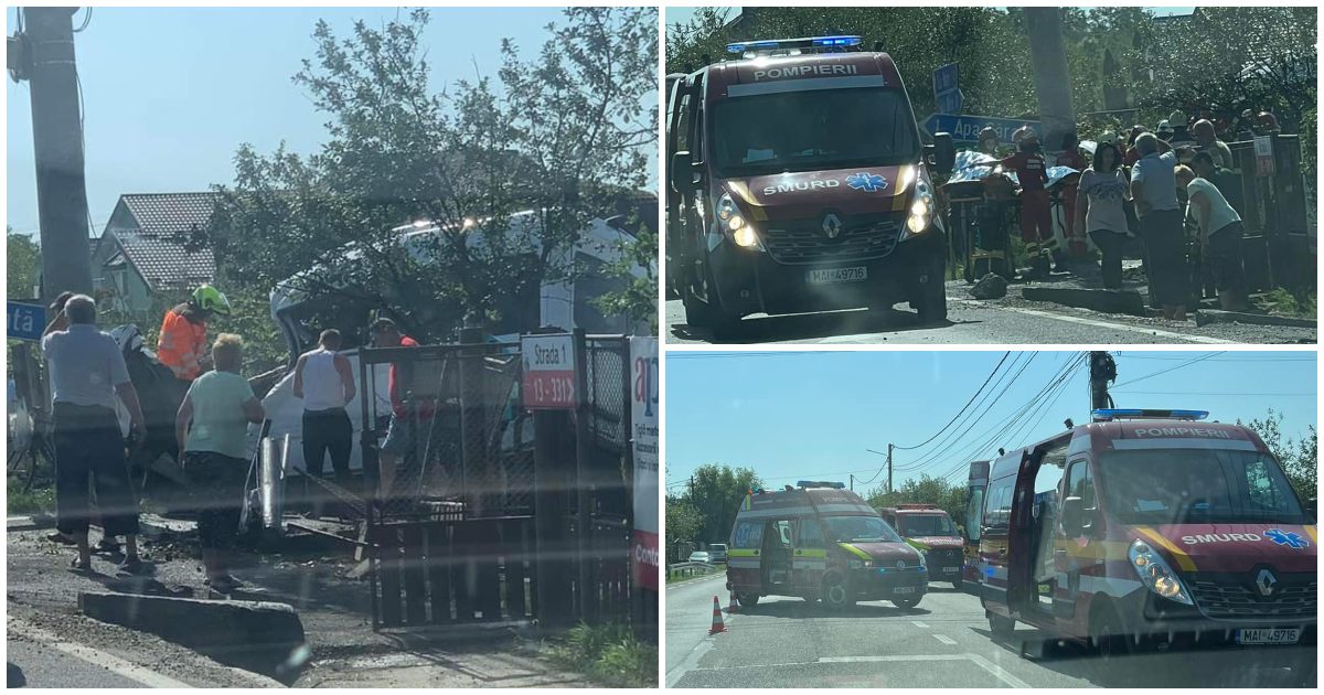 FOTO/VIDEO. Accident pe DN19, Satu Mare-Baia Mare. Un microbuz s-a lovit de un stâlp. Șofer încarcerat