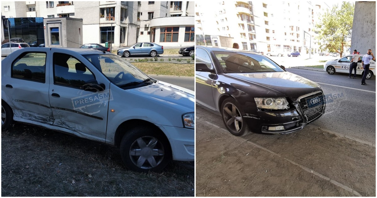 FOTO. Accident în centrul municipiului Satu Mare. O șoferiță a intrat cu mașina într-o Dacie