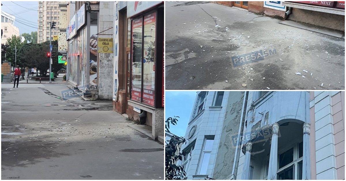 FOTO. Atenție pe unde circulați! Cade tencuiala de pe o clădire din centrul municipiului Satu Mare
