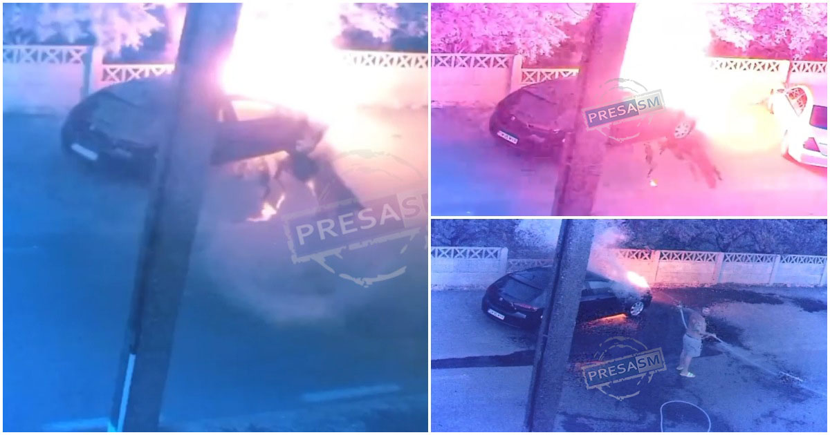 VIDEO. Ce ghinion! Unui sătmărean i-a luat foc mașina închiriată, în fața casei