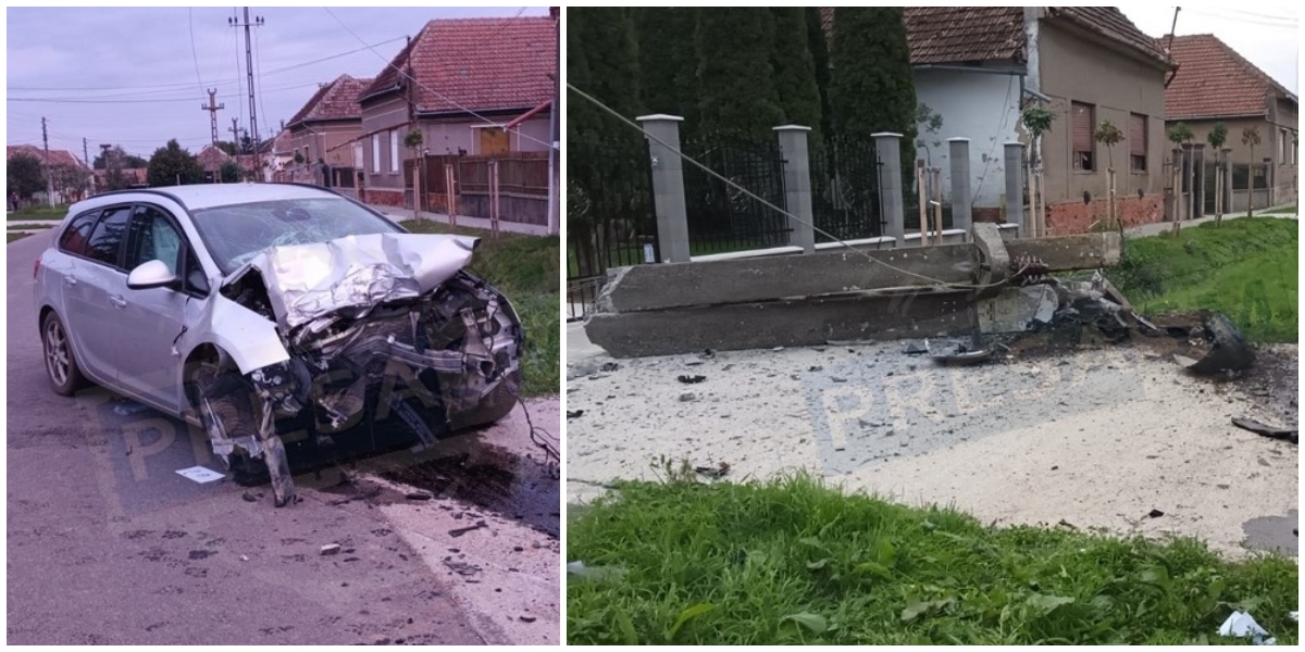 FOTO. Șofer beat, încarcerat! A spulberat stâlpul de curent cu 120 km/oră în județul Satu Mare