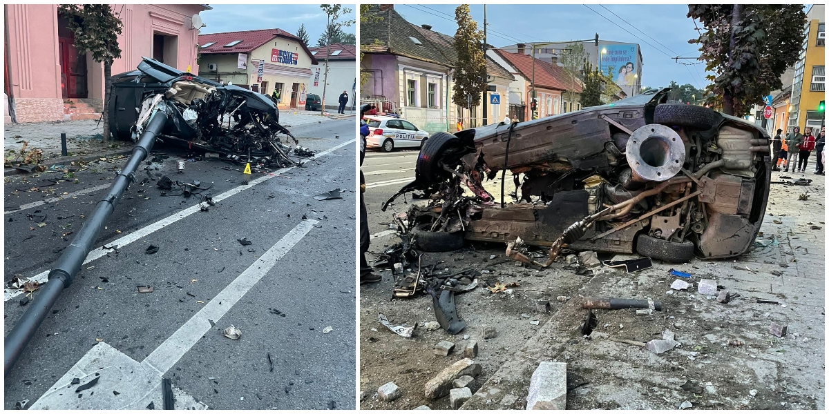 FOTO/VIDEO. Tragedie în Cluj. Un tânăr (25 ani) a murit. Stâlpul lovit i-a străpuns mașina