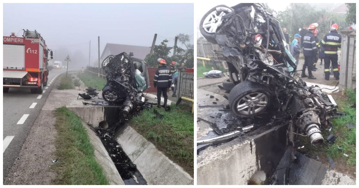 FOTO. Mașină făcută zob. Șoferul a scăpat, ca prin minune, doar cu răni la un picior