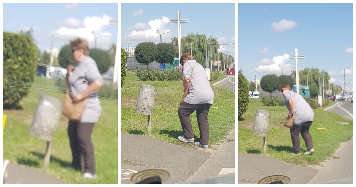 RESPECT. O sătmăreancă model ridică deșeurile aruncate lângă un coș de gunoi