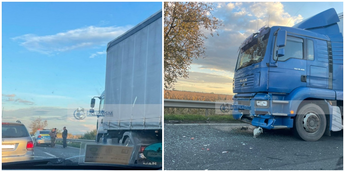 FOTO. Mașină lovită de două TIR-uri de Ucraina pe DN19, în județul Satu Mare