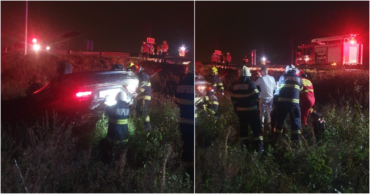 FOTOGALERIE. Accident grav lângă Aeroportul Satu Mare. Mașină răsturnată, două victime