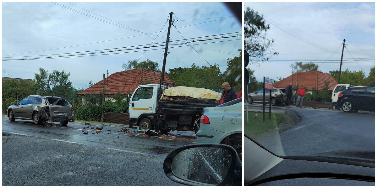 FOTO. Mașină lovită de o autoutilitară plină cu cărămizi. Accident pe DN1C, Satu Mare - Baia Mare