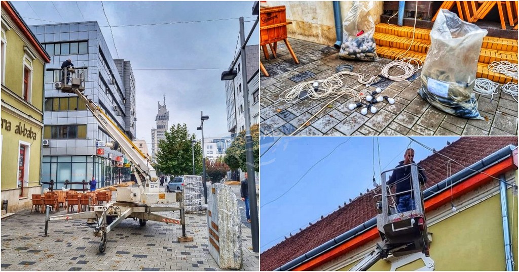 FOTO. Pregătiri pentru Crăciun la Satu Mare. Se montează instalațiile ornamentale