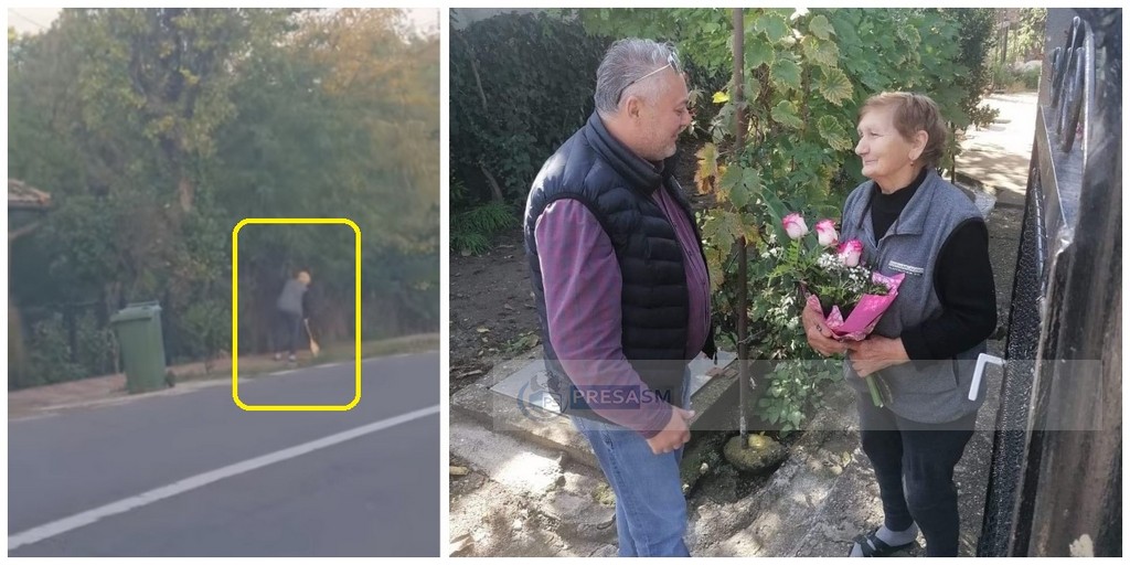 VIDEO. Bunicuța model din județul Satu Mare. Își face singură curățenie în fața casei, pe stradă