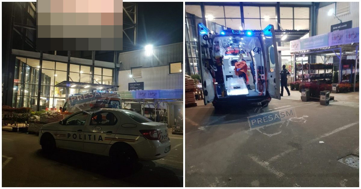 FOTO. Incident la un mare magazin de bricolaj din Satu Mare. Angajat luat de Ambulanță