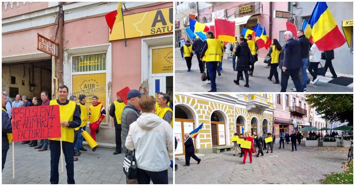 FOTO/VIDEO. Protest AUR la Satu Mare: "PNL și PSD ne-au umflat facturile". Pichet la Prefectură, marș prin centrul orașului