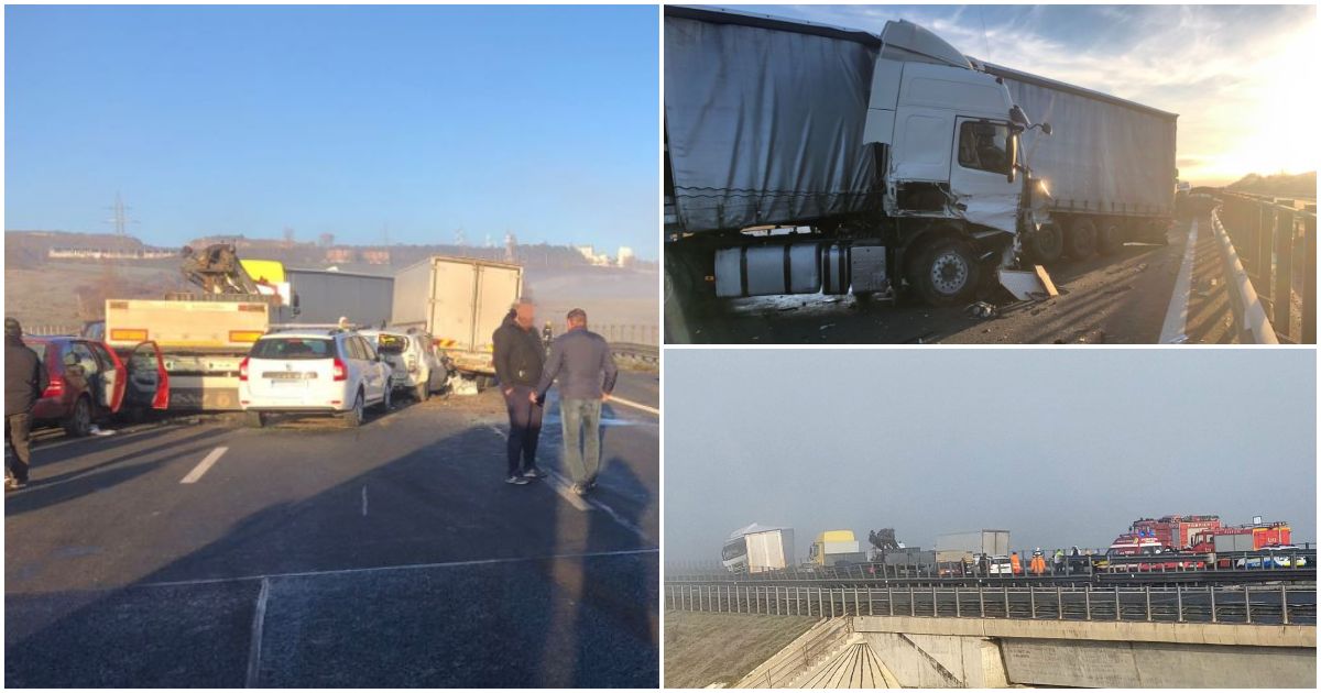 FOTO. Carambol cu șase răniți pe autostrada A3 Turda-Borș. 11 mașini, inclusiv 2 TIR-uri, implicate