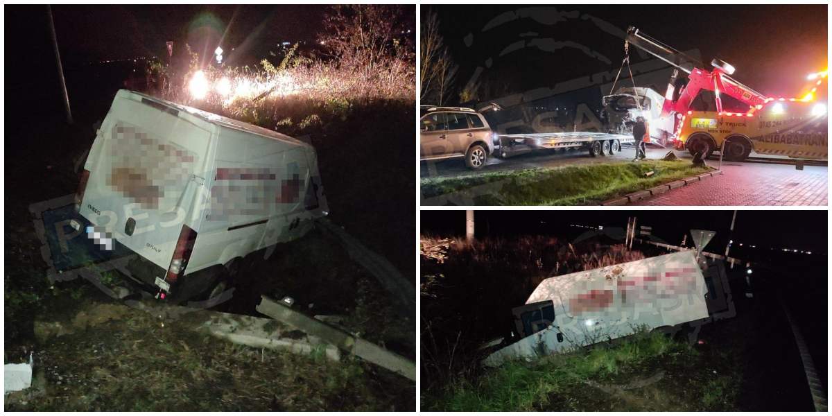 FOTO/VIDEO. Soț și soție au ajuns cu duba de pâine în șanț, la Carei. Apoi, la Urgență