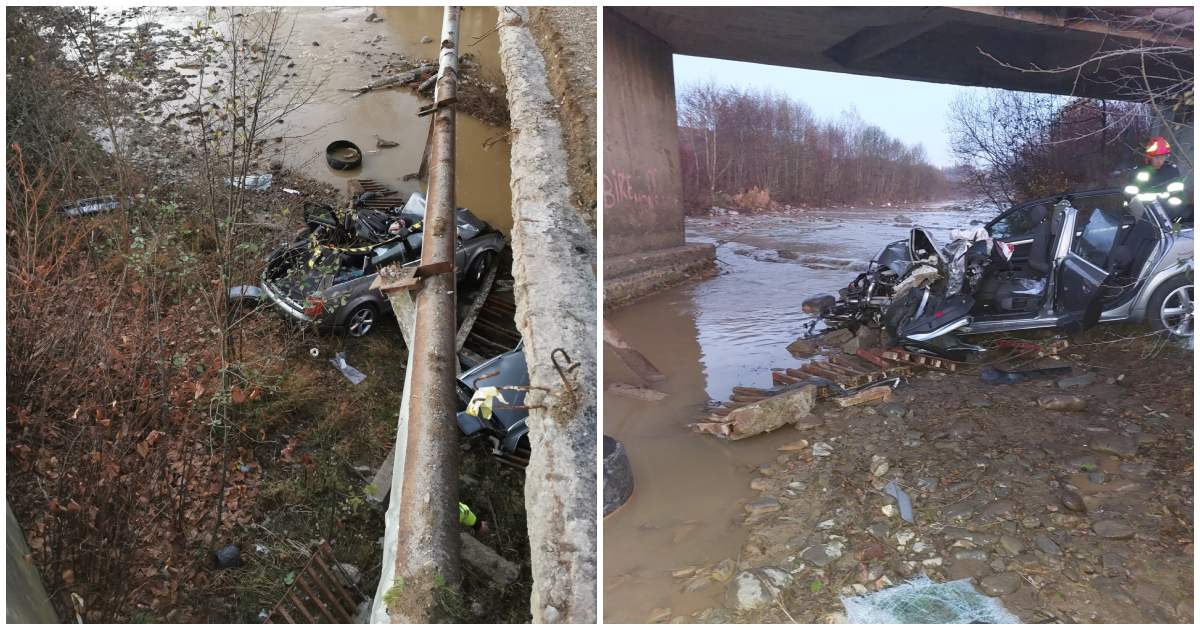 FOTO/VIDEO. Accident grav în județul vecin. A plonjat cu mașina de pe pod direct în albia râului