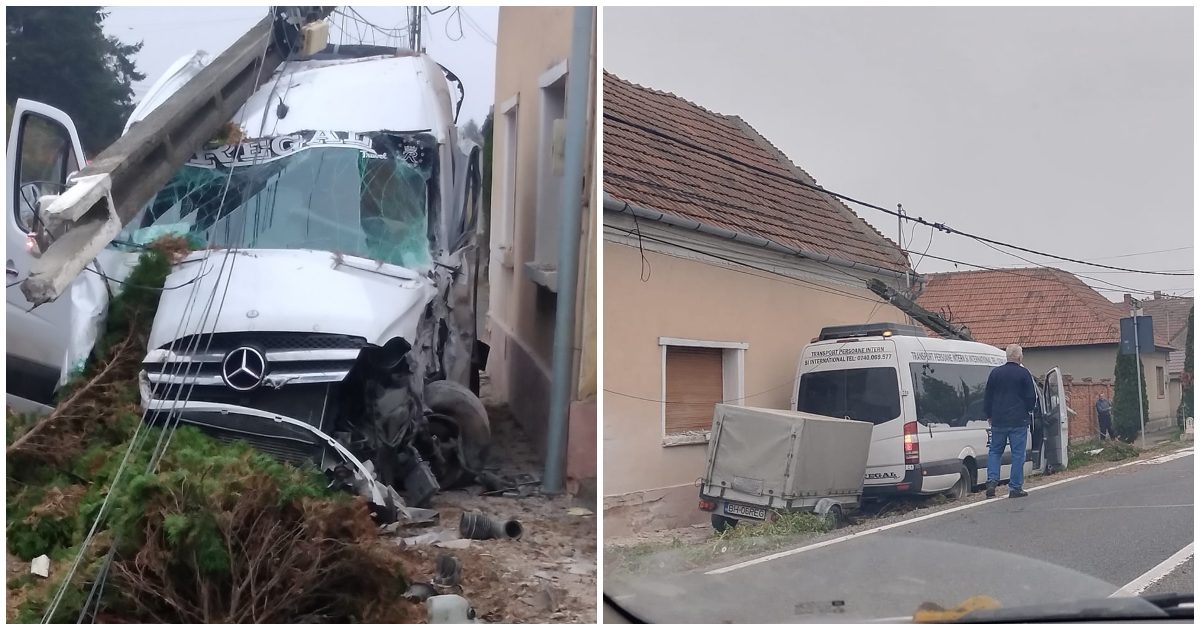 FOTO. Un microbuz a spulberat un stâlp de curent. Trafic blocat pe DN19 Satu Mare - Oradea