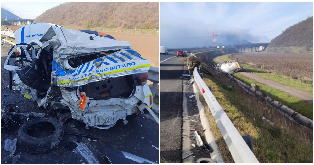FOTO/VIDEO. Mașina echipajului de pază al autostrăzii, făcută praf după coliziunea cu o autocisternă