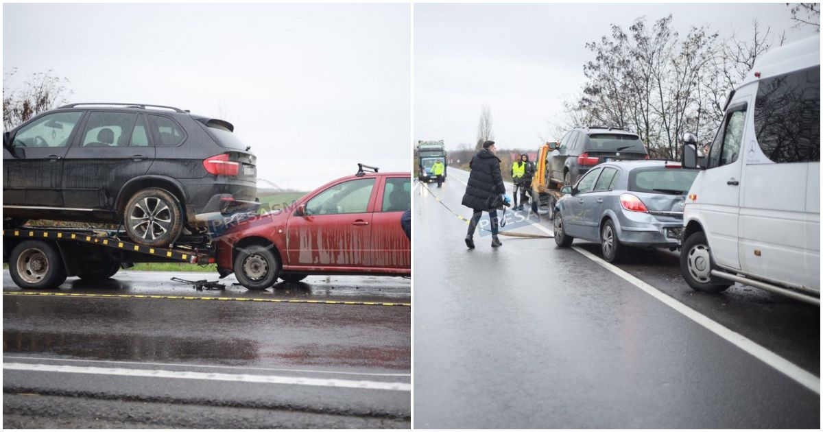 FOTO/VIDEO. Accident în lanț în județ! Un trailer, două autoturisme și un microbuz