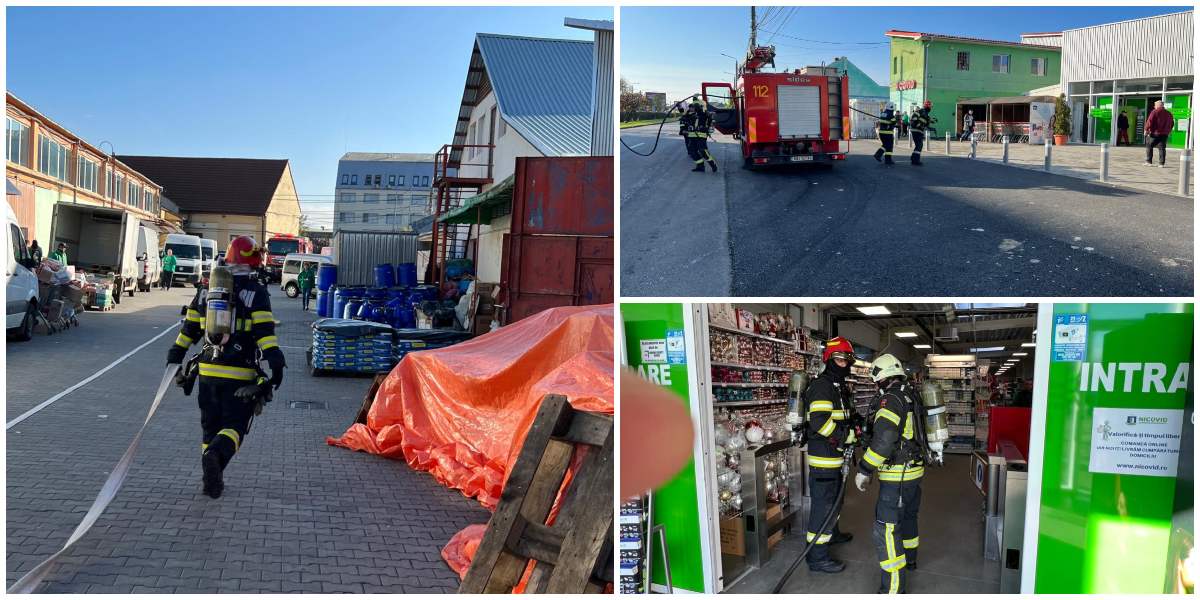 FOTO/VIDEO. Desfășurare de forțe ISU la un supermarket din Satu Mare. Mai multe autospeciale la fața locului