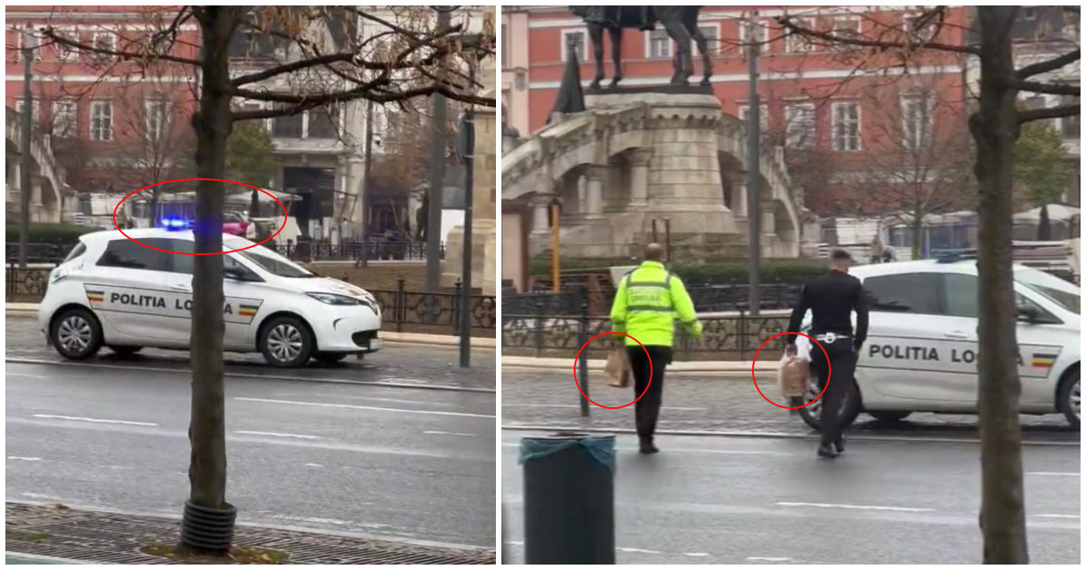 VIDEO. Doi polițiști locali din Cluj au parcat pe trotuar și au pornit girofarul. Le era poftă de un KFC