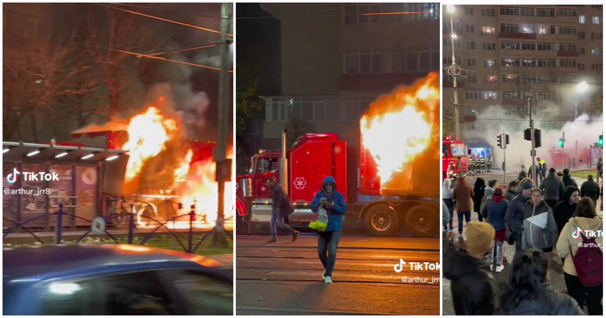 VIDEO. Celebrul TIR Coca-Cola al lui Moș Crăciun, în flăcări, pe o șosea din țară