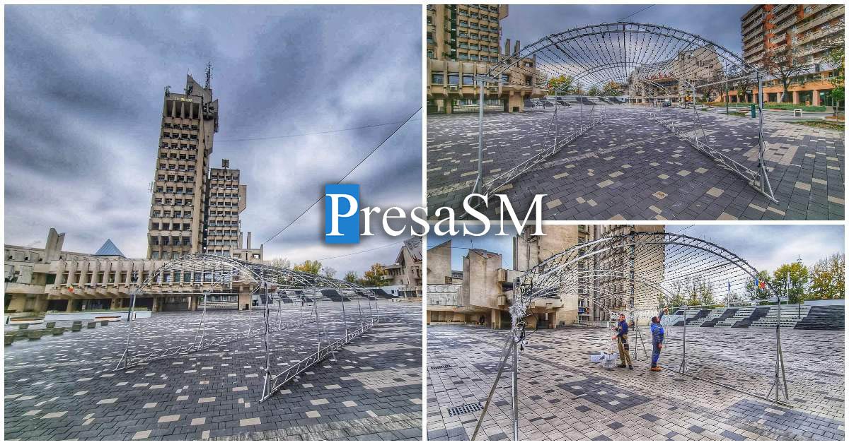 FOTOGALERIE. Tuneluri de lumini amplasate în Piața 25 Octombrie. Ultimele pregătiri