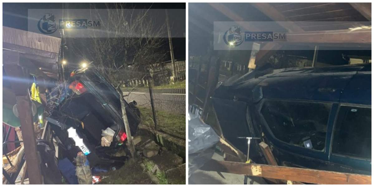 FOTO. Doi sătmăreni beți și fără permis au intrat cu mașina în terasa unei case, prin gard :)