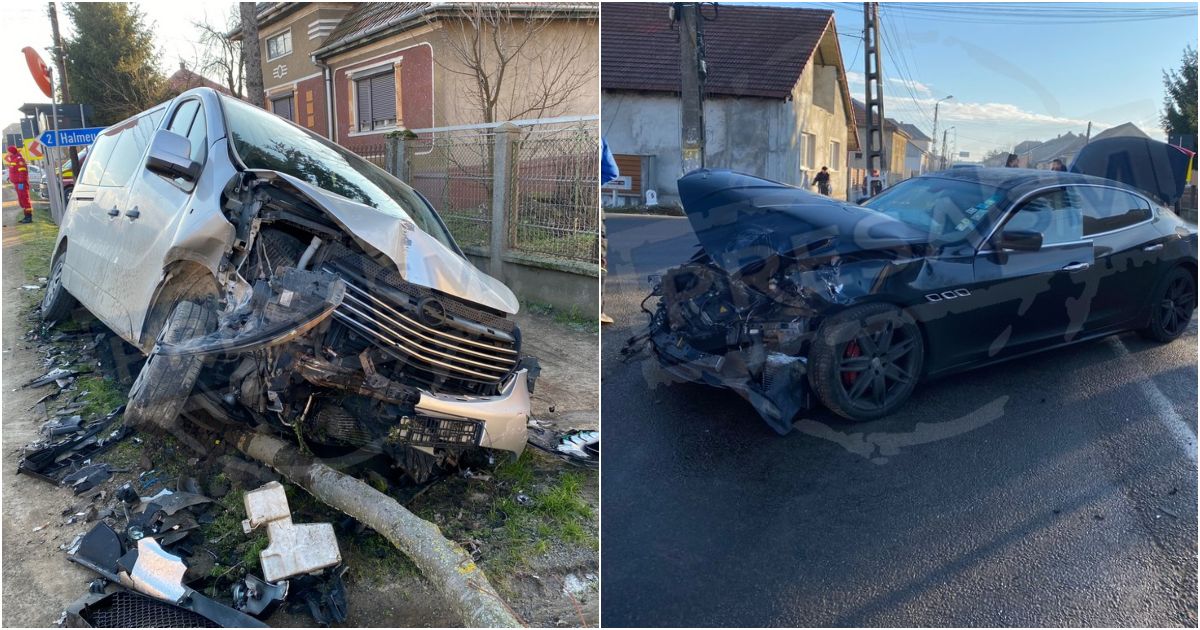 FOTO/VIDEO. Accident în Halmeu. Șoferul microbuzului, lăsat fără permis după ce a lovit un Maserati