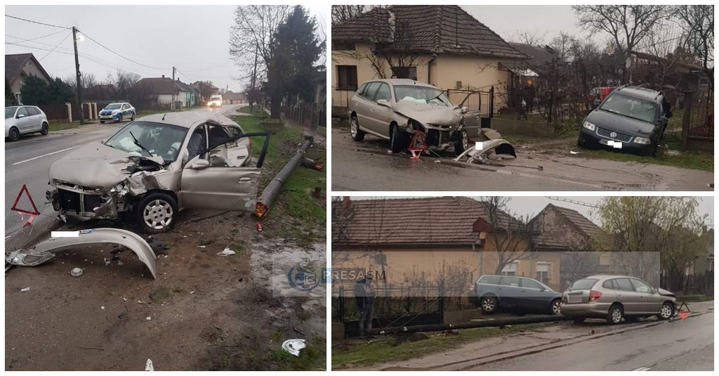 FOTO. Prăpăd în județ. Un șofer beat a spulberat un stâlp. Altă mașină proiectată prin gard