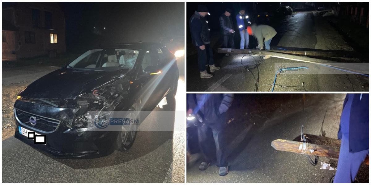 FOTOGALERIE. Un stâlp a căzut peste o mașină, în mers, în județul Satu Mare