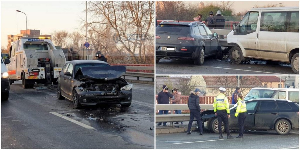 FOTOGALERIE. Accident în lanț pe Podul Golescu. Coliziune frontală, mașini în parapet