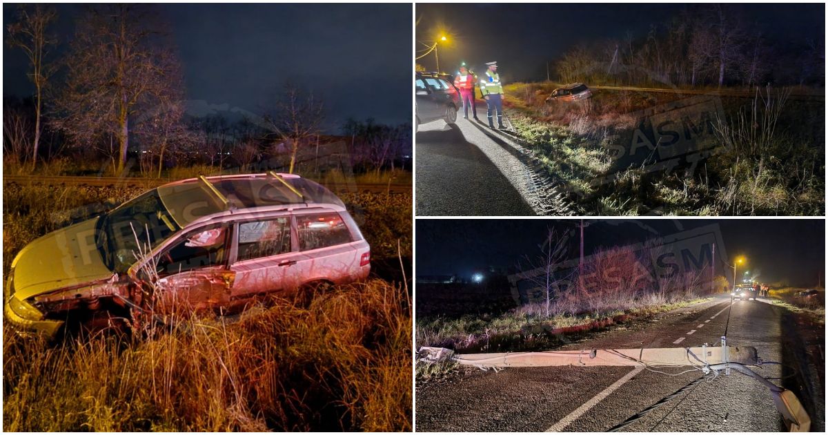 FOTO/VIDEO. Stâlp spulberat, șoferul a fugit. Circulație blocată total spre Sătmărel