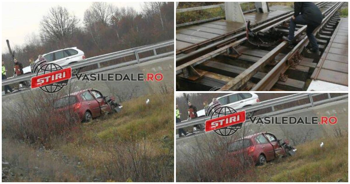 FOTOGALERIE. Mașină lovită de trenul Satu Mare-Baia Mare. Șoferița vorbea la telefon