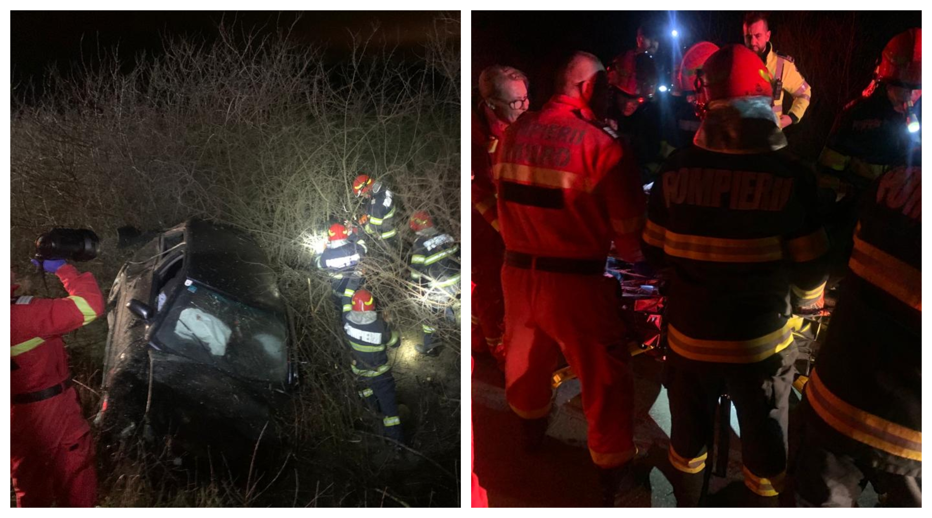 FOTO. Soț și soție la Urgență. S-au răsturnat cu mașina în șanț, în județul Satu Mare