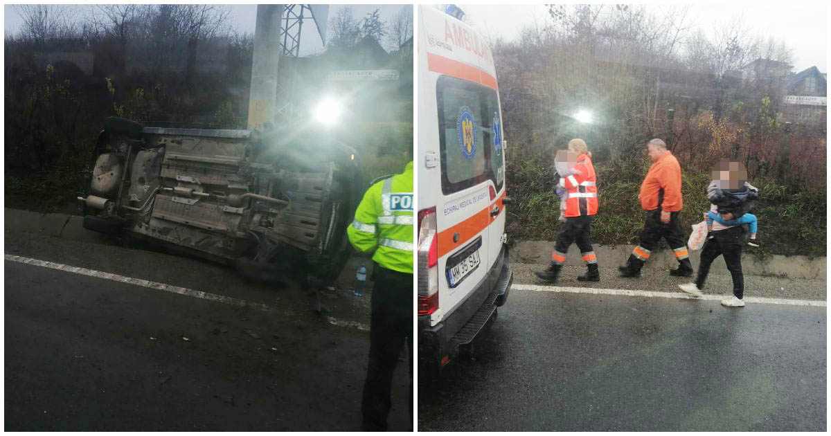 FOTO. Mașină răsturnată pe DN1C Satu Mare - Baia Mare. Doi copilași scoși de ambulanțieri