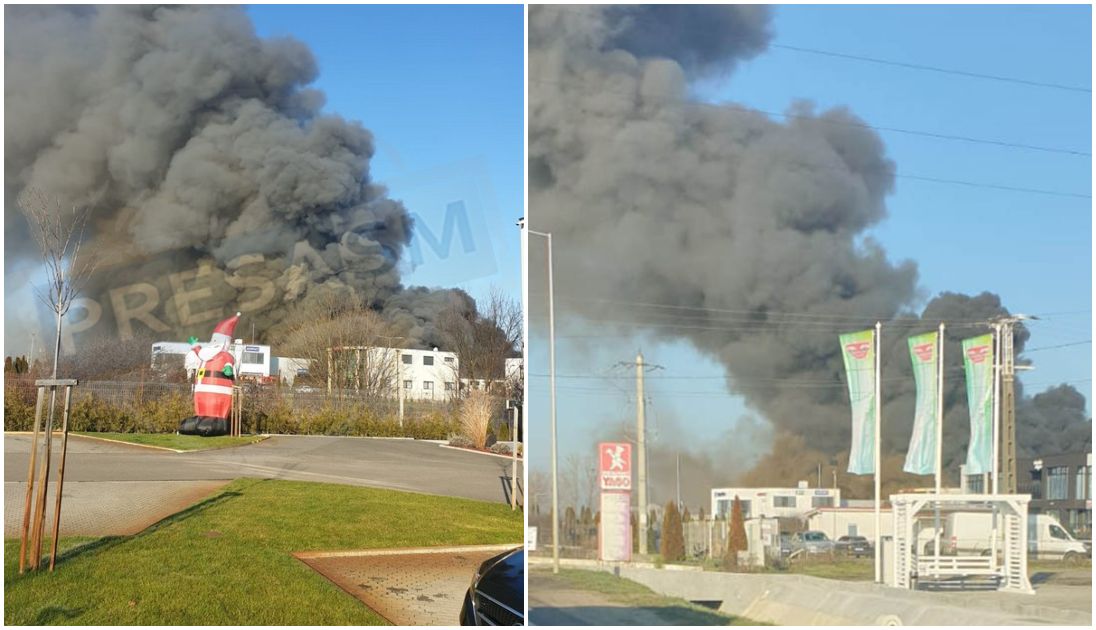 FOTO/VIDEO. Incendiu la un service auto din municipiul Satu Mare. Fumul se vede de la kilometri distanță