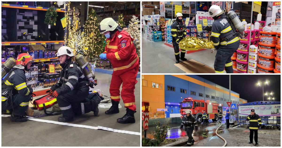 FOTO/VIDEO. Mobilizare de amploare a pompierilor la Dedeman, În Satu Mare. Incendiu şi intoxicări cu monoxid (EXERCIȚIU)