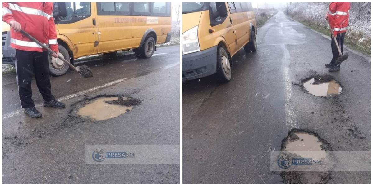 FOTO. În semn de protest, un sătmărean astupă singur gropile din asfalt