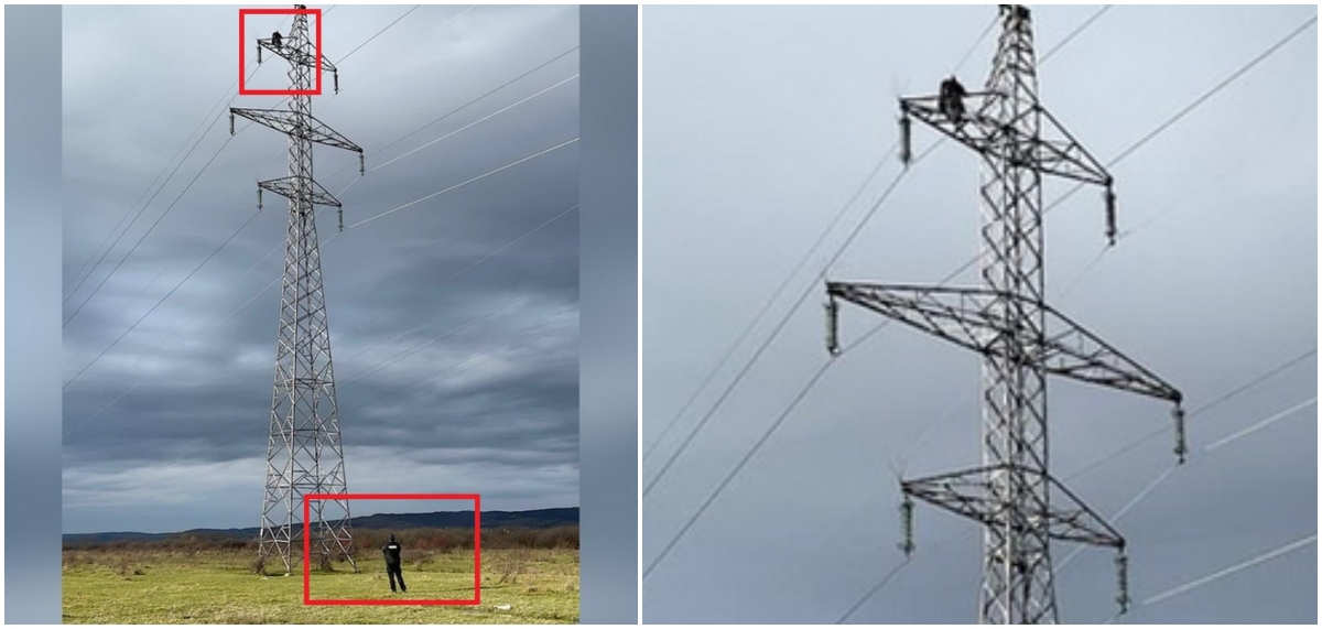 FOTO. Un bărbat a cerut bani de Revelion de la autorități. S-a urcat un stâlp de înaltă tensiune